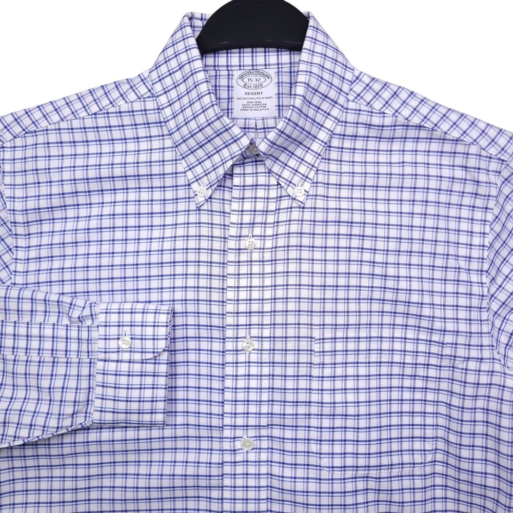 Brooks Brothers Dress Shirt 15 32 Regent Fit Non Iron White Plaid OCBD Supima